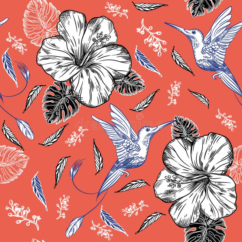 Nahtloses Muster mit Kolibris und tropischen Blumen vektor abbildung Nahtloses Muster mit Kolibris und tropischen Blumen vektor abbildung