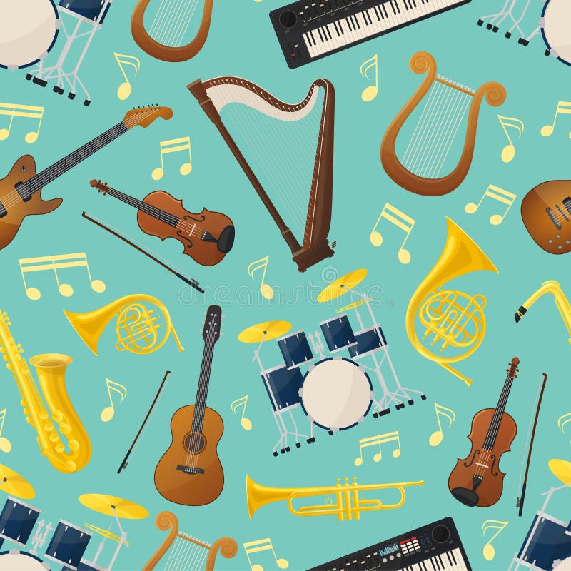 Nahtloses Muster mit Musikgitarren- und -trommelausrüstung lizenzfreie abbildung Nahtloses Muster mit Musikgitarren- und -trommelausrüstung lizenzfreie abbildung