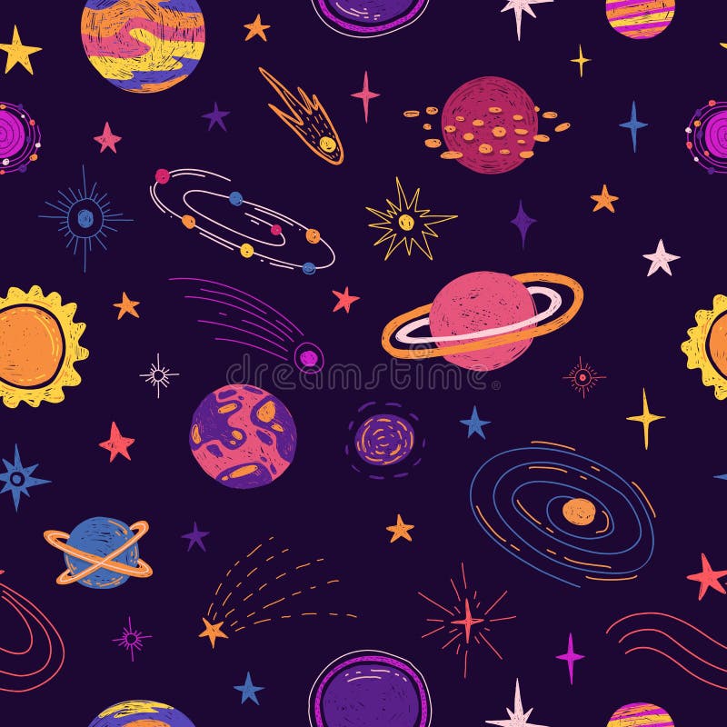 Nahtloses Muster mit Raumelementen Karikaturarttapete mit Planeten, Universum und kosmischem Stern Kind-` s