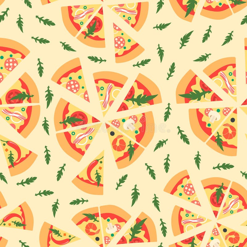 Nahtloses Muster mit sortierten Pizzascheiben Auch im corel abgehobenen Betrag Wiederholen des Hintergrundes stock abbildung Nahtloses Muster mit sortierten Pizzascheiben Auch im corel abgehobenen Betrag Wiederholen des Hintergrundes stock abbildung