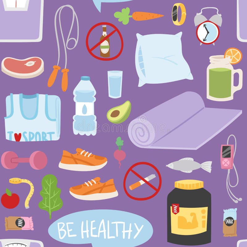 Seamless pattern with healthy lifestyle daily eating icons and sport sneakers lifestyle fitness food positive fit weight background vector illustration. Jump rope and fitness bracelet. Seamless pattern with healthy lifestyle daily eating icons and sport sneakers lifestyle fitness food positive fit weight background vector illustration. Jump rope and fitness bracelet.