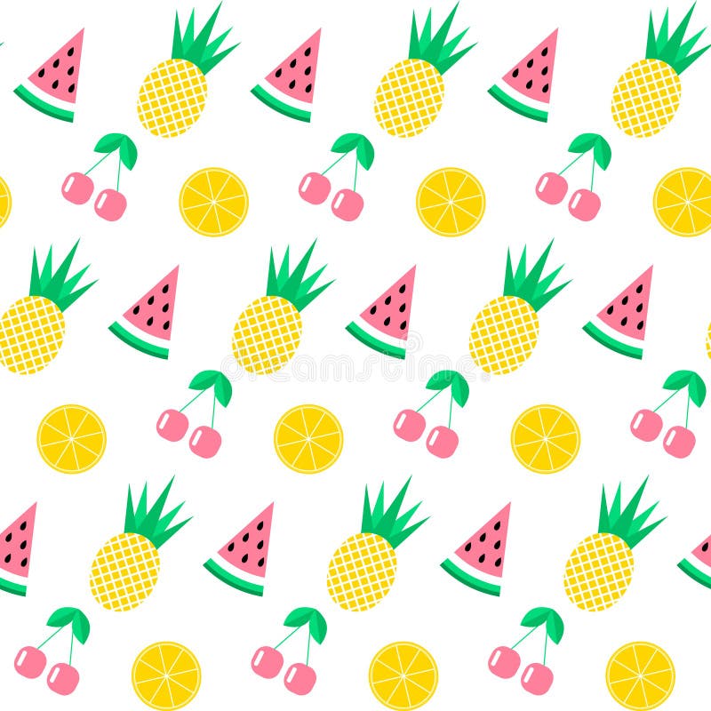 Nahtloses Muster mit Wassermelone, Ananas, Kirsche und Orange auf weißem Hintergrund Netter Hintergrund Heller Sommer trägt i Frü lizenzfreie abbildung