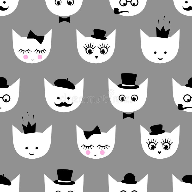Nahtloses Muster mit weißen Katzen mit Modegläsern, Schnurrbart, Fliege, Hut, Tabakpfeife, Augen, Peitschen, Lippen, Krone auf gr vektor abbildung Nahtloses Muster mit weißen Katzen mit Modegläsern, Schnurrbart, Fliege, Hut, Tabakpfeife, Augen, Peitschen, Lippen, Krone auf gr vektor abbildung