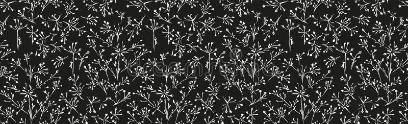 Nahtloses Muster mit zarten, blühenden Zweigen auf schwarzem Hintergrund. Elegantes und minimalistisches botanisches Design stock abbildung