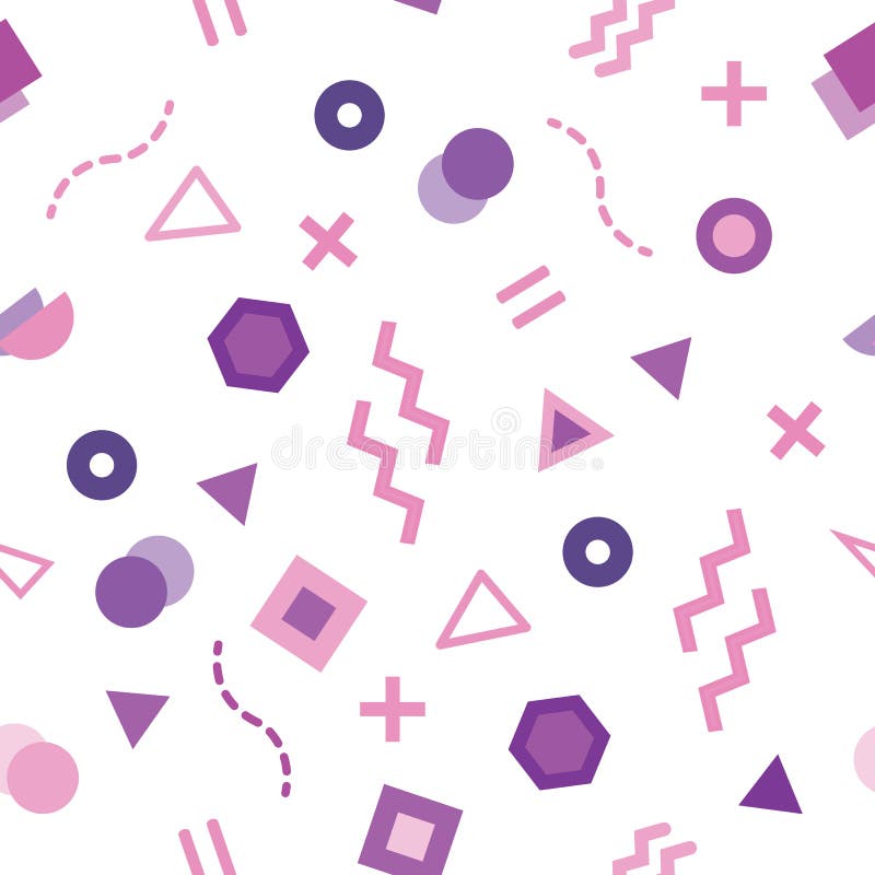 Nahtloses Muster modischer Memphis-Art mit netten geometrischen Formen gefärbt im Pastellpurpur lizenzfreie abbildung Nahtloses Muster modischer Memphis-Art mit netten geometrischen Formen gefärbt im Pastellpurpur lizenzfreie abbildung