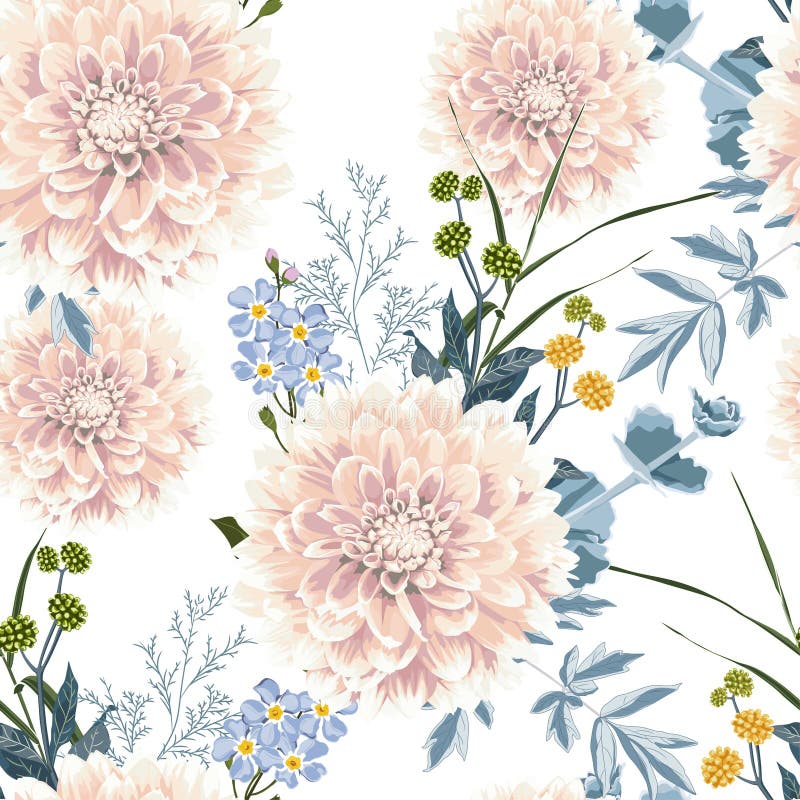 Nahtloses Muster von beigefarbenen Dahlien, vergessenen Blumen und Kräutern lizenzfreie abbildung