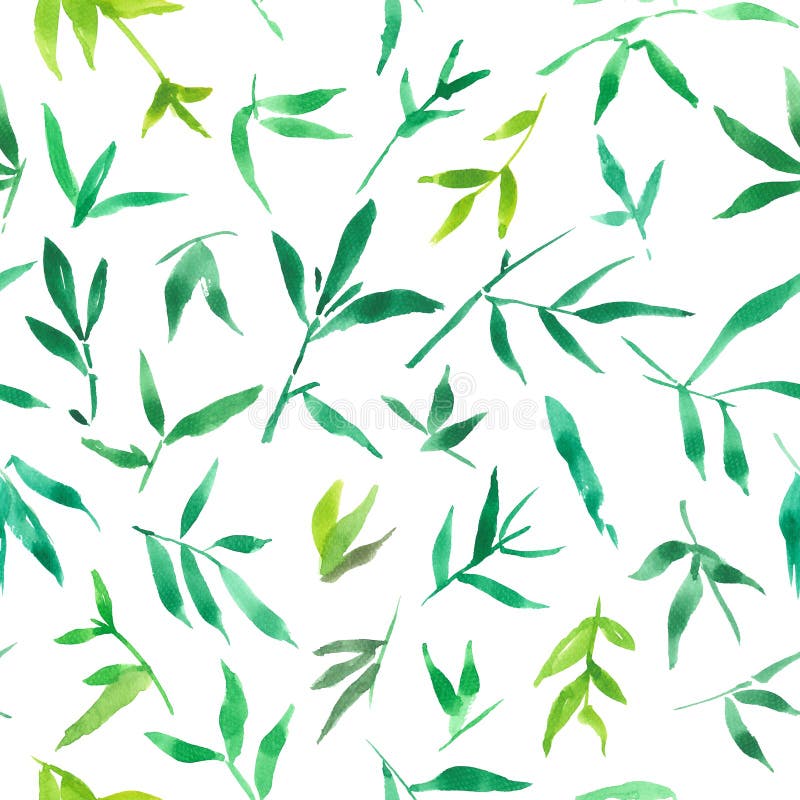 seamless pattern watercolor of green bamboo leaves on white background, painting plant, illustration. seamless pattern watercolor of green bamboo leaves on white background, painting plant, illustration