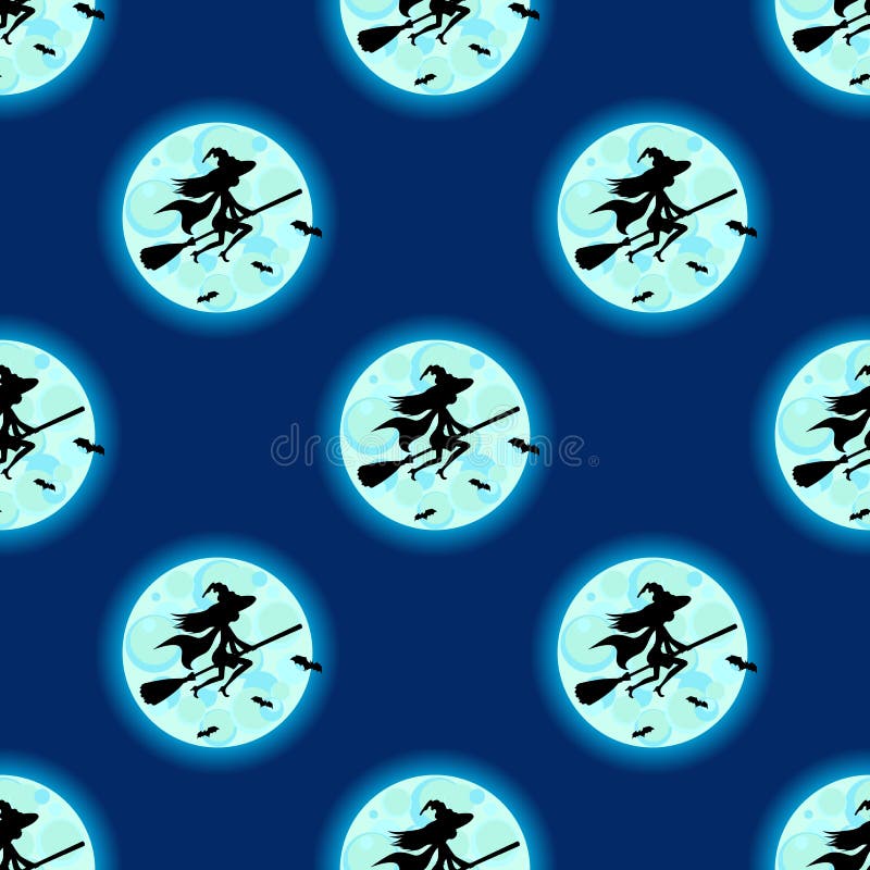 Nahtloses Musterhexenschattenbild-Hutfliegen auf Besen Vector Halloween-Dekoration, Walpurgisnacht-Einladungskarte stock abbildung Nahtloses Musterhexenschattenbild-Hutfliegen auf Besen Vector Halloween-Dekoration, Walpurgisnacht-Einladungskarte stock abbildung