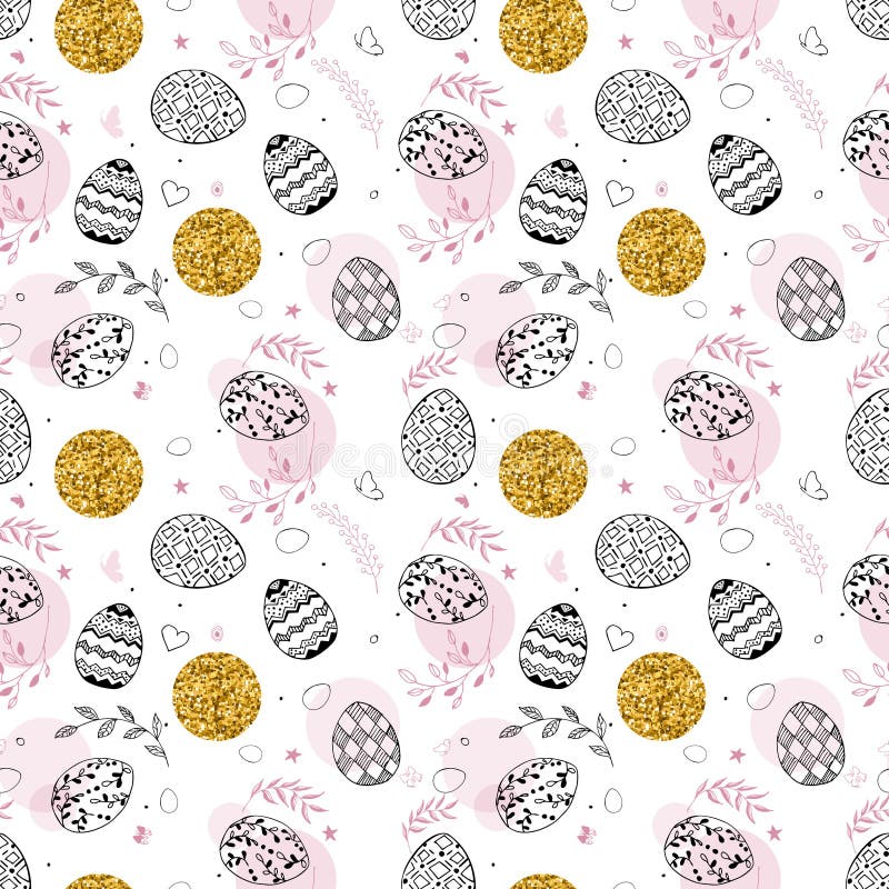 Nahtloses Ostern-Muster mit Goldfunkelnpunkten, dekorative schwarze Handgezogene Eier, Blätter, Schmetterlinge auf Weiß stock abbildung Nahtloses Ostern-Muster mit Goldfunkelnpunkten, dekorative schwarze Handgezogene Eier, Blätter, Schmetterlinge auf Weiß stock abbildung