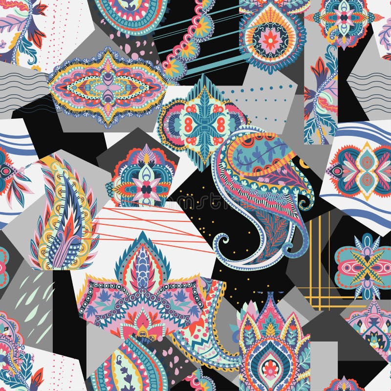 Seamless patchwork pattern with paisley and geometric elements. Vintage vector illustration in watercolor style. Seamless patchwork pattern with paisley and geometric elements. Vintage vector illustration in watercolor style.