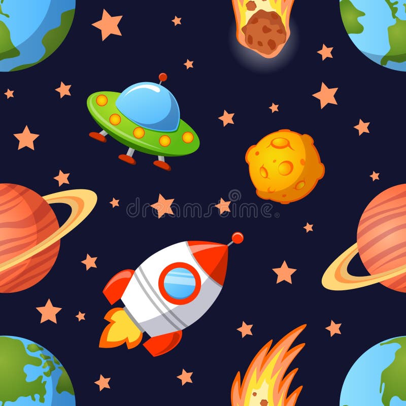 Childish vector seamless space pattern with planets, UFO, rockets and stars. Childish vector seamless space pattern with planets, UFO, rockets and stars.