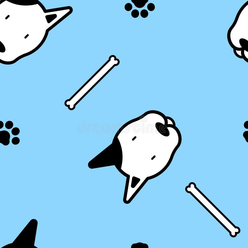 Nahtloses Tierhaustierbullterrierhundewiederholungsmuster mit der Knochen- und Fußdrucktatze im blauen Hintergrund stock abbildung Nahtloses Tierhaustierbullterrierhundewiederholungsmuster mit der Knochen- und Fußdrucktatze im blauen Hintergrund stock abbildung