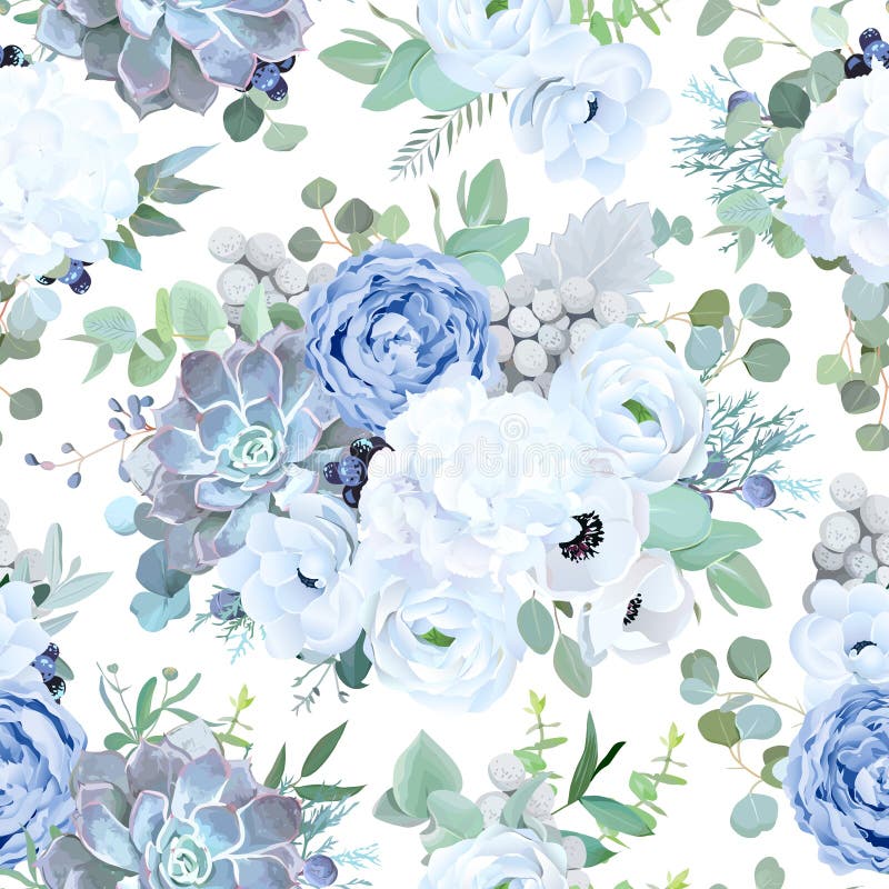 Nahtloses Vektorentwurfsmuster vom staubigen blauen Garten stieg, Whit stock abbildung Nahtloses Vektorentwurfsmuster vom staubigen blauen Garten stieg, Whit stock abbildung