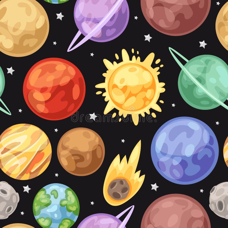 Nahtloses Vektormuster der Raumuniversumplaneten auf dunklem Hintergrund Raum, Sterne, Planeten Sun, Erde, Upiter mit Saturn stock abbildung Nahtloses Vektormuster der Raumuniversumplaneten auf dunklem Hintergrund Raum, Sterne, Planeten Sun, Erde, Upiter mit Saturn stock abbildung