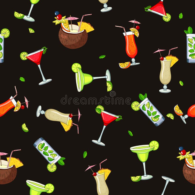Nahtloses Vektormuster der verschiedenen Cocktails lizenzfreie abbildung Nahtloses Vektormuster der verschiedenen Cocktails lizenzfreie abbildung
