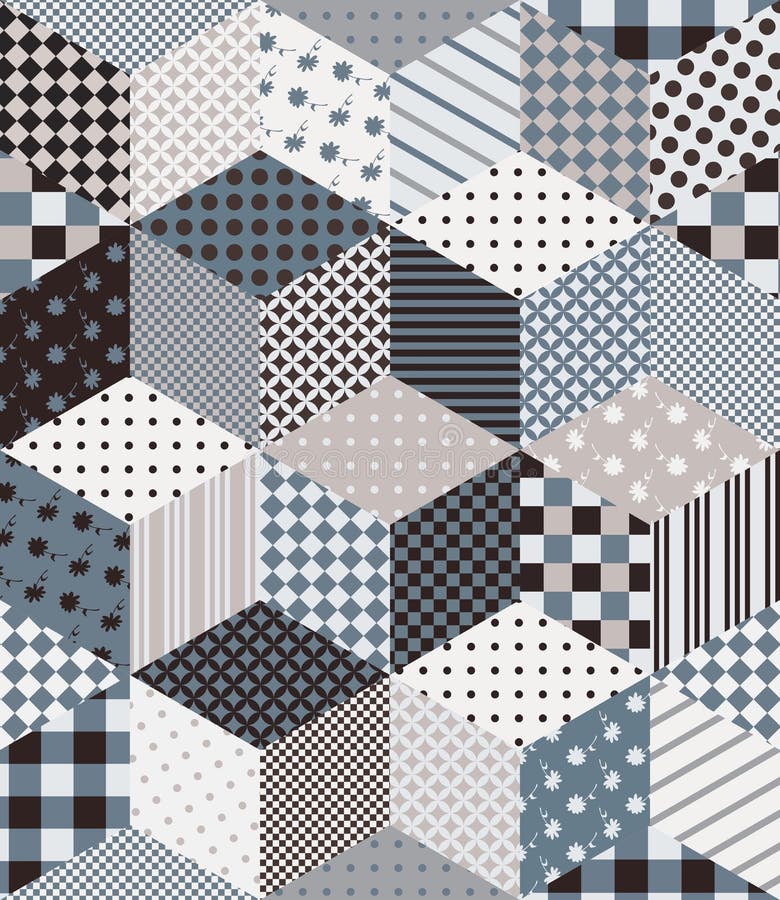 Nahtloses Vektormuster mit Würfeln und Sternen von den Flecken patchwork vektor abbildung Nahtloses Vektormuster mit Würfeln und Sternen von den Flecken patchwork vektor abbildung