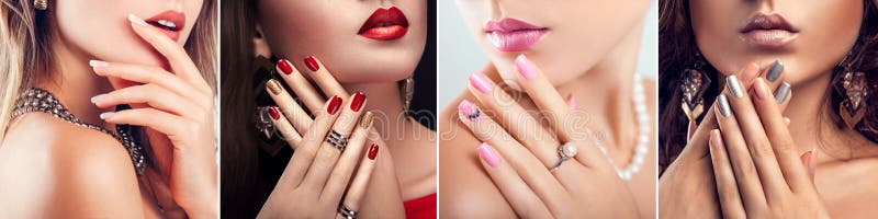 Nail art and design. Beauty fashion model with different make-up and manicure wearing jewelry. Set of four stylish looks