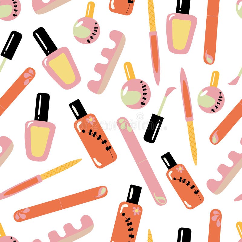 Nail polish hand drawn for beauty salon. Paint seamless pattern with sketchy nail polish jars. Cosmetic and manicure background.