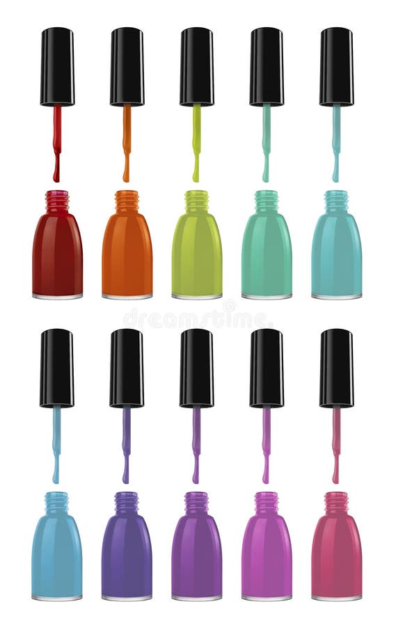 Nail Polish Open Bottles with Visible Brushes Colorful Set, Isolated on ...