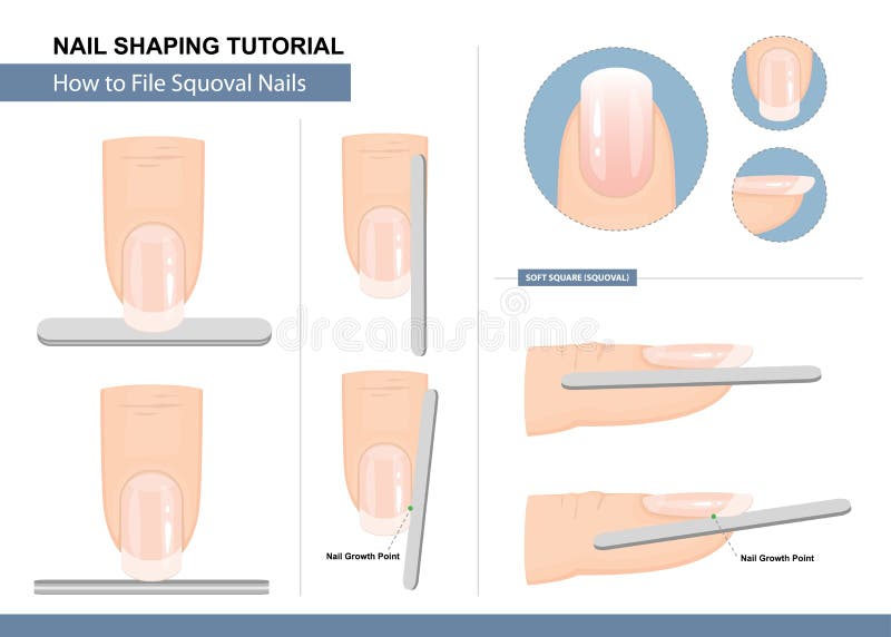 Nail Shaping Tutorial. How to File a Squoval Nail Shape. Step by Step Instruction. Vector