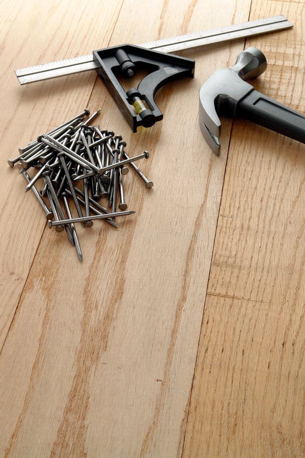 Nails and Carpentry Hammer on Wood Planks Stock Photo Image of