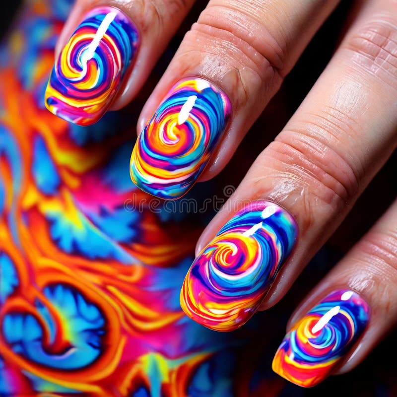 Nails Painted To Resemble a Psychedelic Tie Dye Pattern with S Stock ...