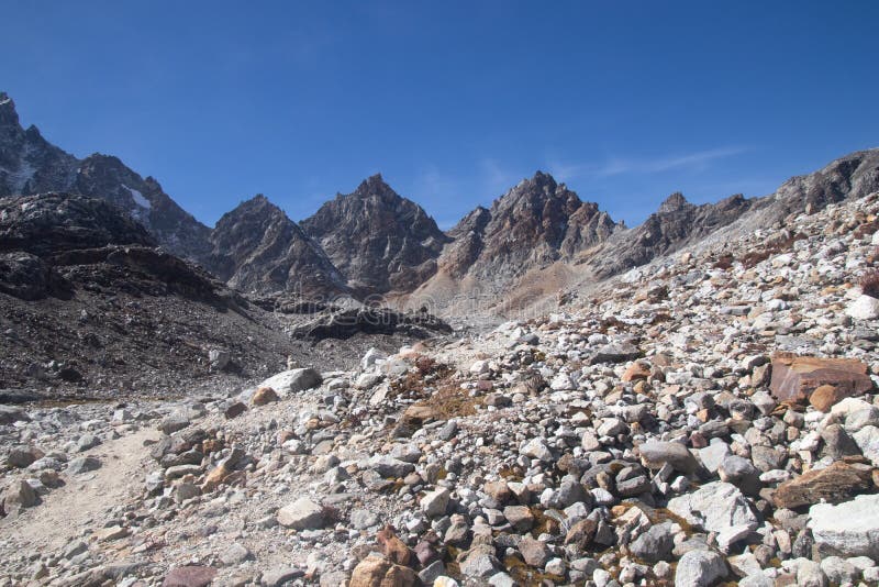 Największy obóz bazowy w Nepalu w scenicznym świetle Himalaya na przełęczy Renjo la obraz royalty free