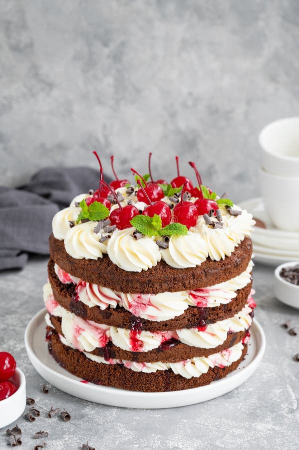 Naked Black forest cake, Schwarzwald pie. Cake with dark chocolate, whipped cream and cherry on a gray concrete background.