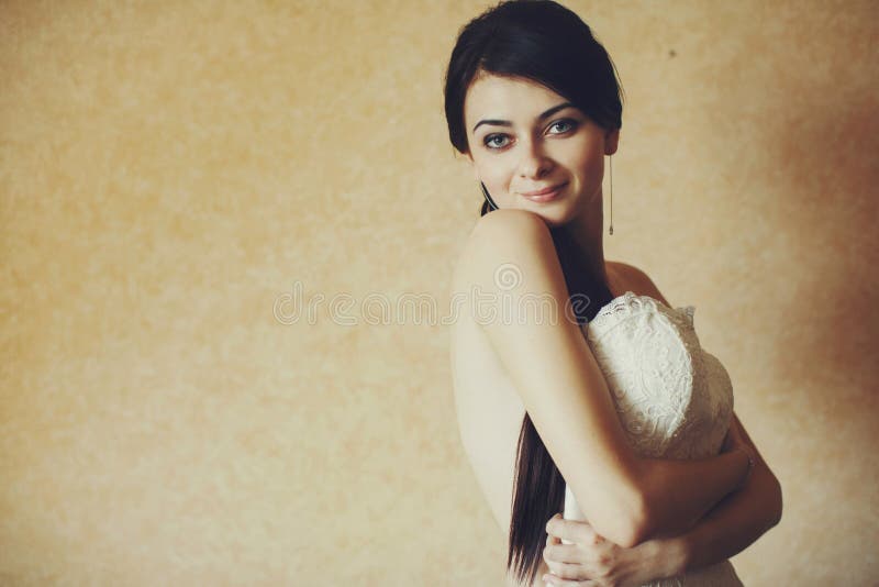 Naked Bride Tries a Wedding Dress Stock Photo - Image of bridesmaid, bright: 74870206