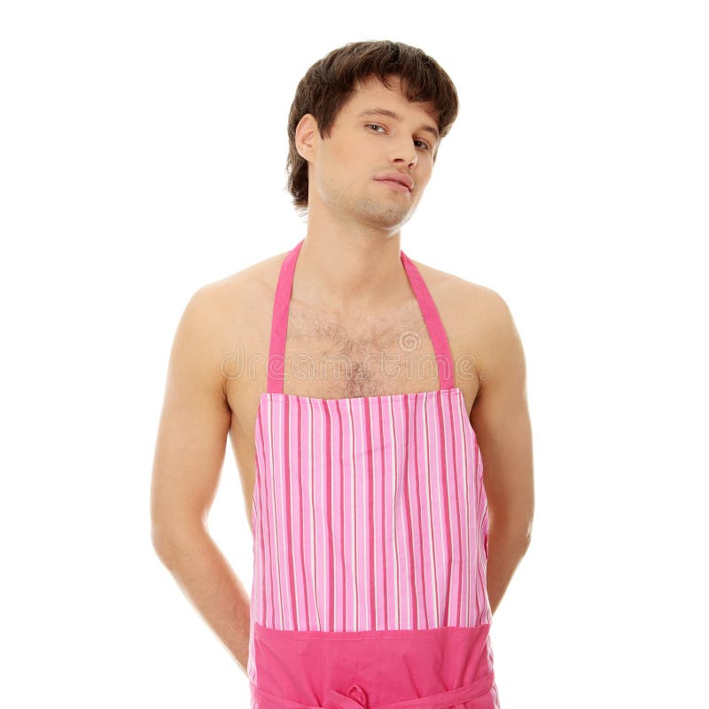 Naked man wering pink apron stock photos.