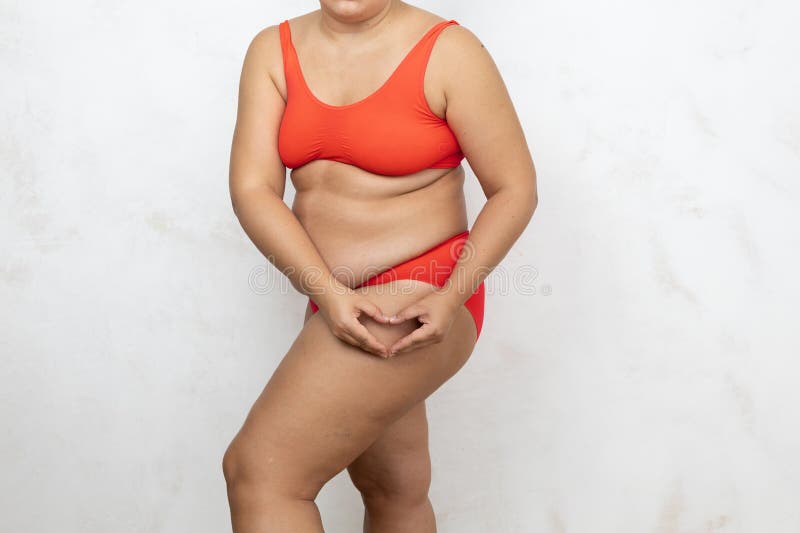 Overweight Woman Demonstrate Large Figure, Free Copy Space, White  Background. Naked Woman in Red Underwear with Stock Image - Image of  female, fatty: 261417681