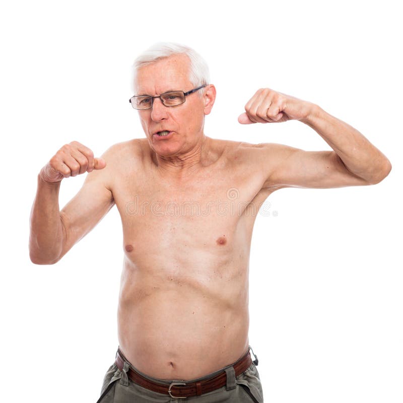 Shirtless senior man gesturing and showing body, isolated on white backgrou...