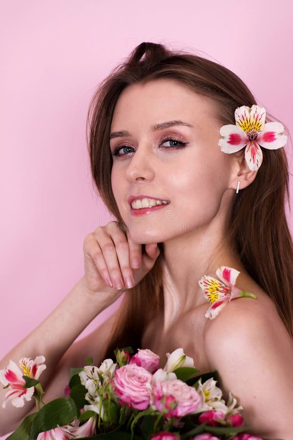 Skinny Brunette Teen Girl - Naked Skinny Girl Holding Flowers on a Pink Background. Brunette Stock  Image - Image of clear, hair: 222764149