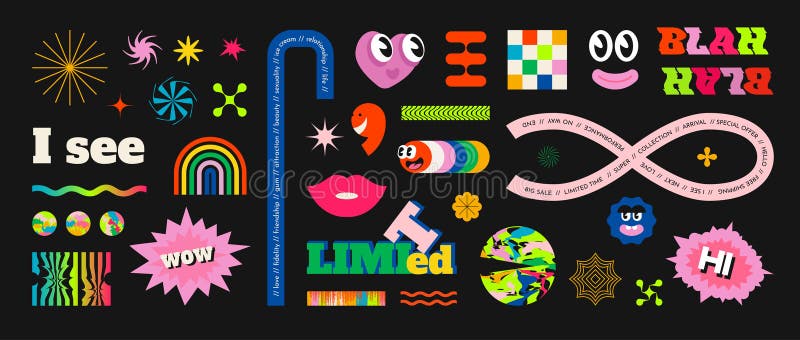 Naklejki abstrakcyjne. ikony graficzne i współczesna typografia. śmieszne emocje. tło projektu retro. kolorowa wstęga liter ilustracja wektor