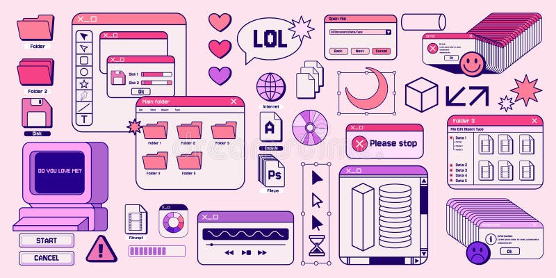 Naklejki y2k. retro vaporwave design 2000s okno estetyczne lub kisch psychedelic art 90s web pc przycisk. komunikat o błędzie ilustracja wektor