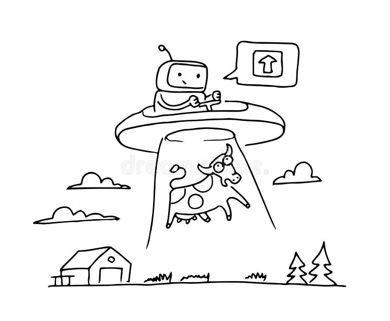 Nakreślenia UFO kraść krowy Robota obcego charakter 404 błędów nie strona Na latającym spodeczku Ręka rysujący czerni linii wekto ilustracji Nakreślenia UFO kraść krowy Robota obcego charakter 404 błędów nie strona Na latającym spodeczku Ręka rysujący czerni linii wekto ilustracji