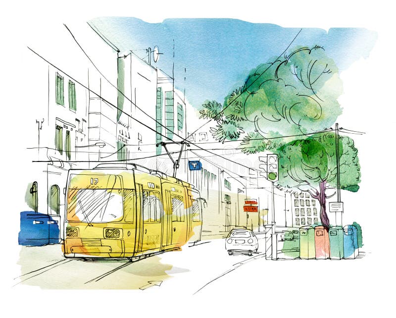 Nakre?lenie miasto krajobraz z tramwajem, samochodem, ?wiat?a ruchu i zbiornikami dla oddzielnej kolekcji ?mieci ? ilustracja wektor Nakre?lenie miasto krajobraz z tramwajem, samochodem, ?wiat?a ruchu i zbiornikami dla oddzielnej kolekcji ?mieci ? ilustracja wektor