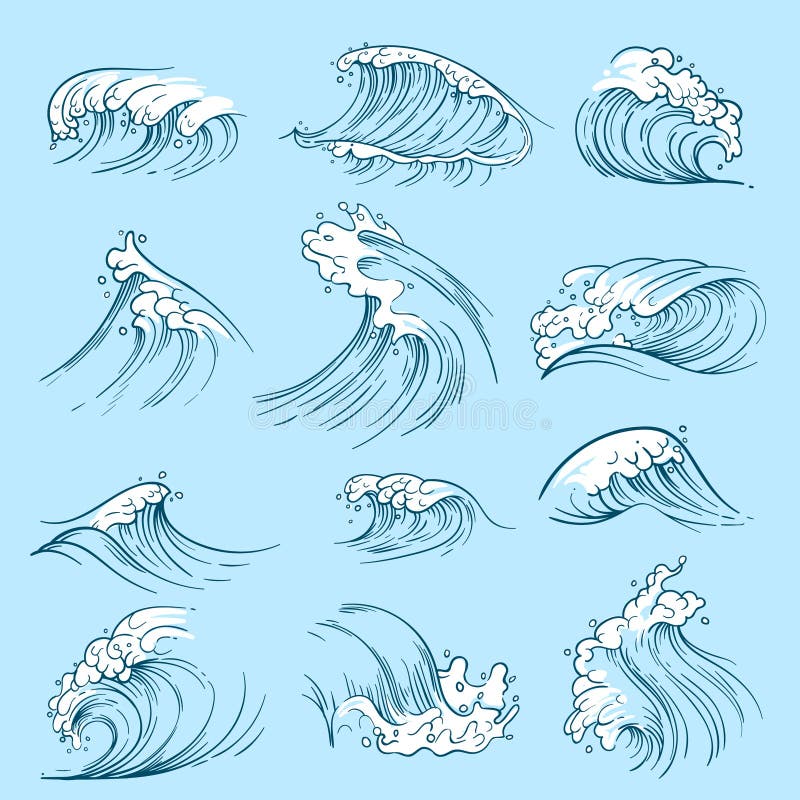 Nakreślenie oceanu fala Ręka rysujący morscy wektorowi przypływy ilustracji Nakreślenie oceanu fala Ręka rysujący morscy wektorowi przypływy ilustracji