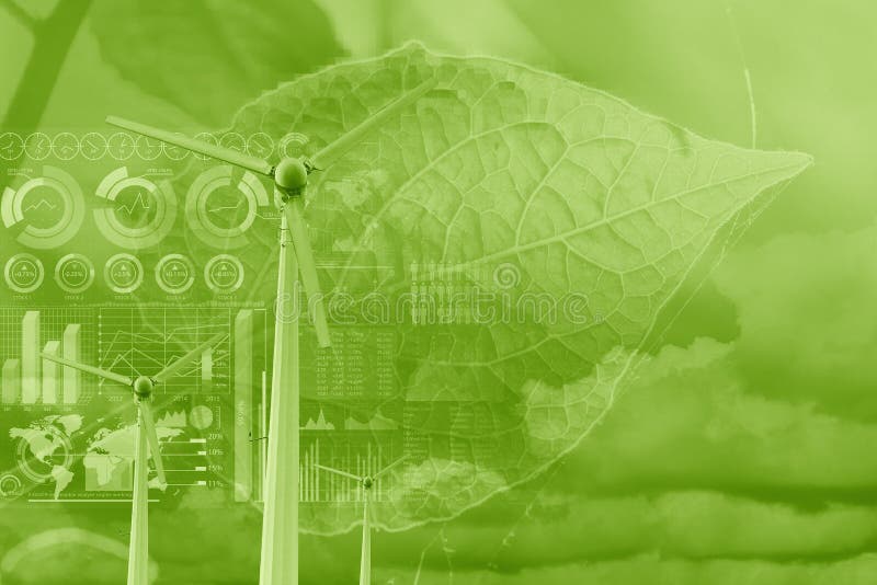 Nakładka turbiny wiatrowej z liściem roślin i danymi informacyjnymi na temat przyjaznych dla środowiska technologii energetycznych