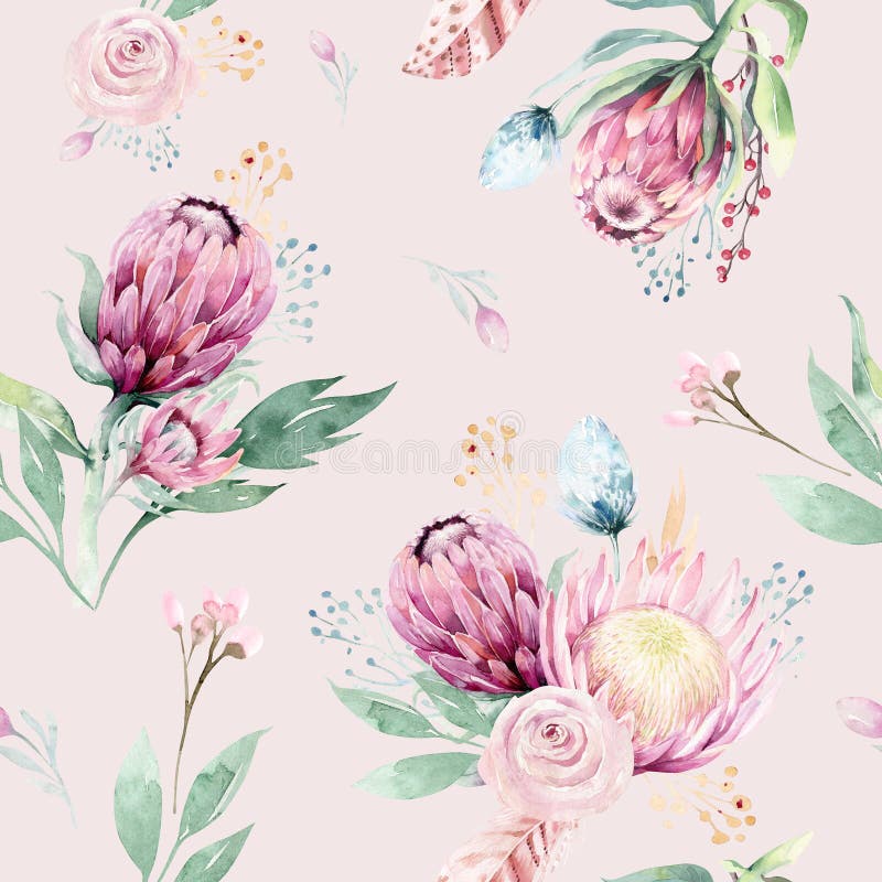 Nam het de waterverf bloemenpatroon van de handtekening met protea, bladeren, takken en bloemen toe Boheems naadloos gouden roze stock illustratie Nam het de waterverf bloemenpatroon van de handtekening met protea, bladeren, takken en bloemen toe Boheems naadloos gouden roze stock illustratie