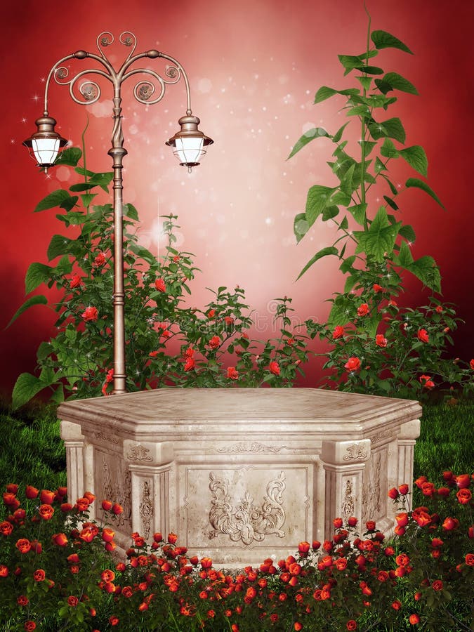 Nam tuin met een Victoriaanse lamp toe stock illustratie Nam tuin met een Victoriaanse lamp toe stock illustratie