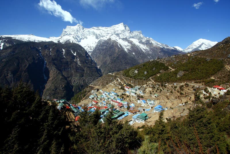 Namche Bazaar is a village in Solukhumbu District in the Sagarmatha Zone of north-eastern Nepal. It is located within the Khumbu area at 3,440 metres (11,286 ft) at its low point, populating the sides of a hill. One of the most famous and popular stops on the way to Everest base camp.