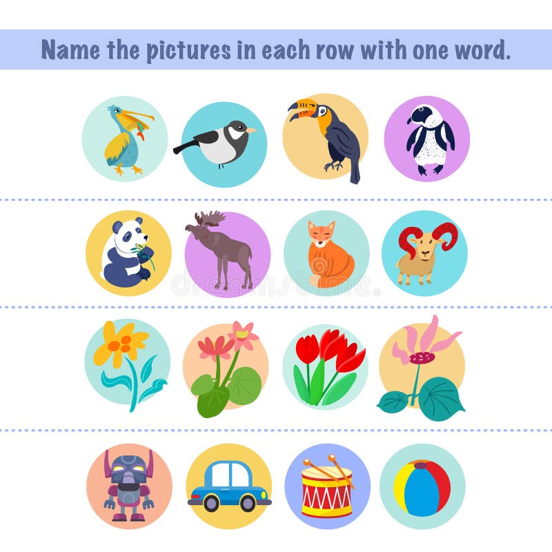 Name the Pictures in Each Row with One Word. Game for Children. Birds and  Animals. Flowers and Toys. Activity, Vector Stock Vector - Illustration of  game, animal: 233495887