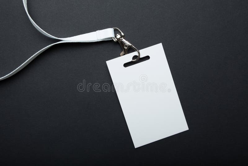 Name tag is blank for your text, mockup. Name Tag with white ribbon and transparent plastic paper holder. Corporate design