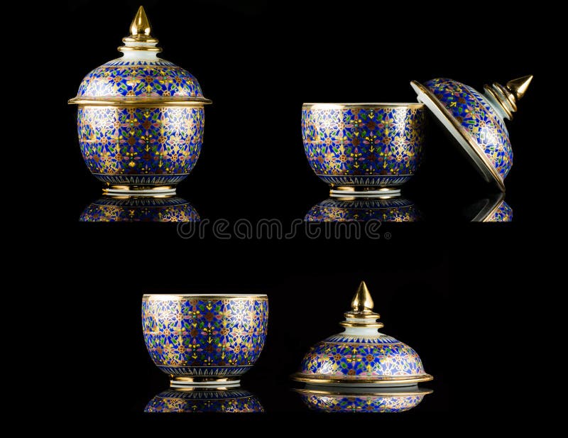 Thai Porcelain With Designs In Five Colours Stock Image Image of life
