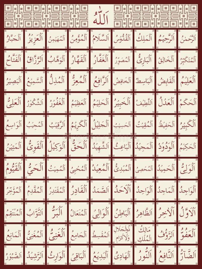 99 Names Of Allah Chart