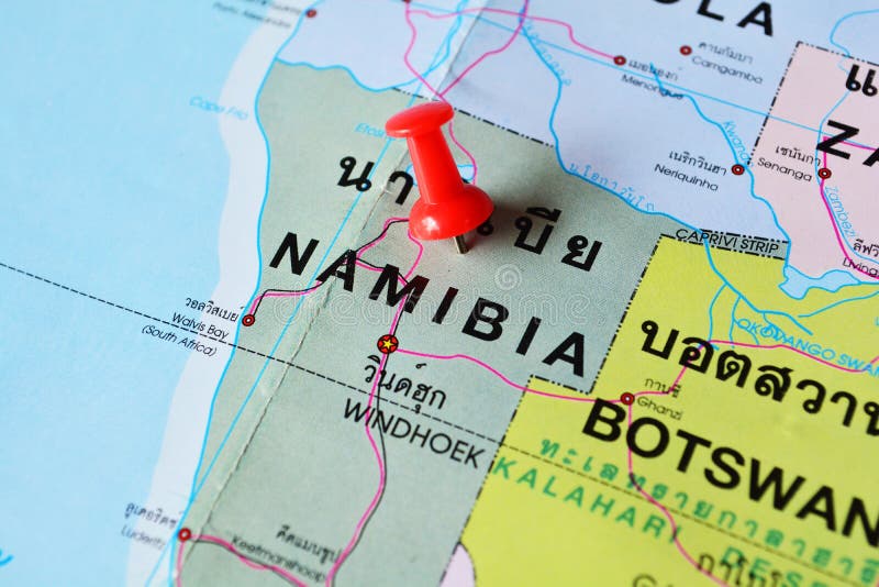 Macro shot of namibia map with push pin. Botswana political map stock images, royalty-free photos and pictures