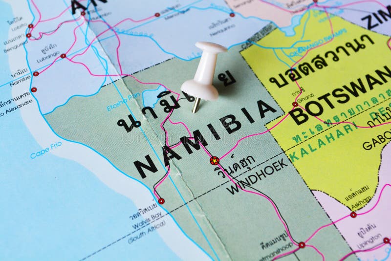Macro shot of namibia map with push pin. Botswana political map stock images, royalty-free photos and pictures