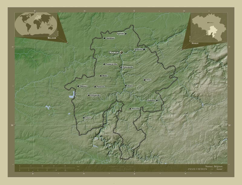 Namur, province of Belgium. Elevation map colored in wiki style with lakes and rivers. Locations and names of major cities of the region. Corner auxiliary location maps. Namur, province of Belgium. Elevation map colored in wiki style with lakes and rivers. Locations and names of major cities of the region. Corner auxiliary location maps