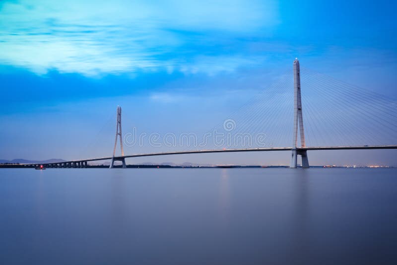 Nanjing cable stayed bridge in evening stock photography